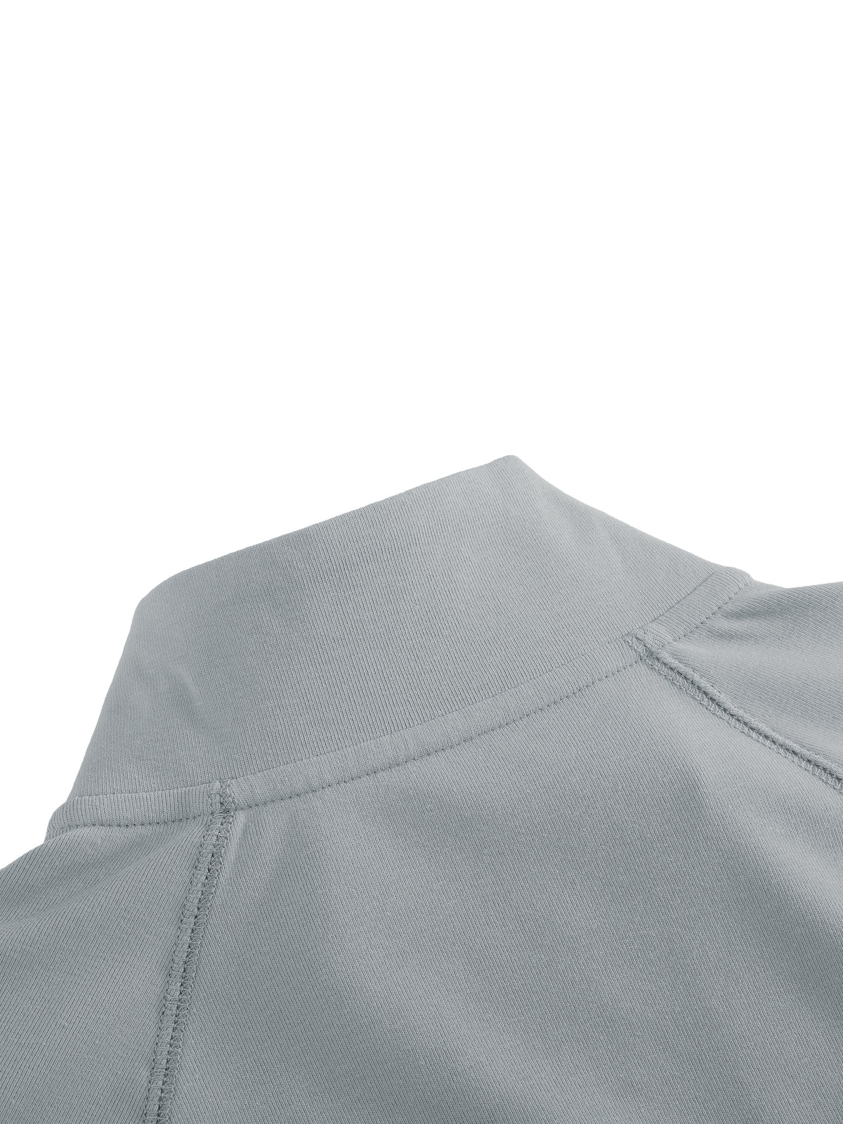Close-up of a light gray athletic top showing the collar and shoulder seam details against a white background.