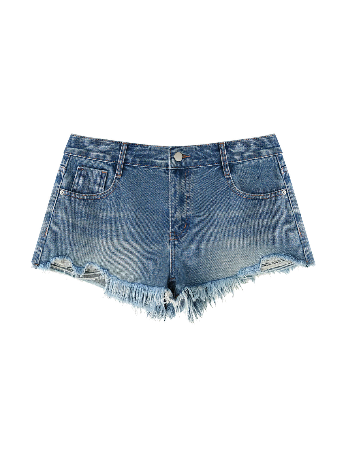 Denim shorts with frayed edges on a white background