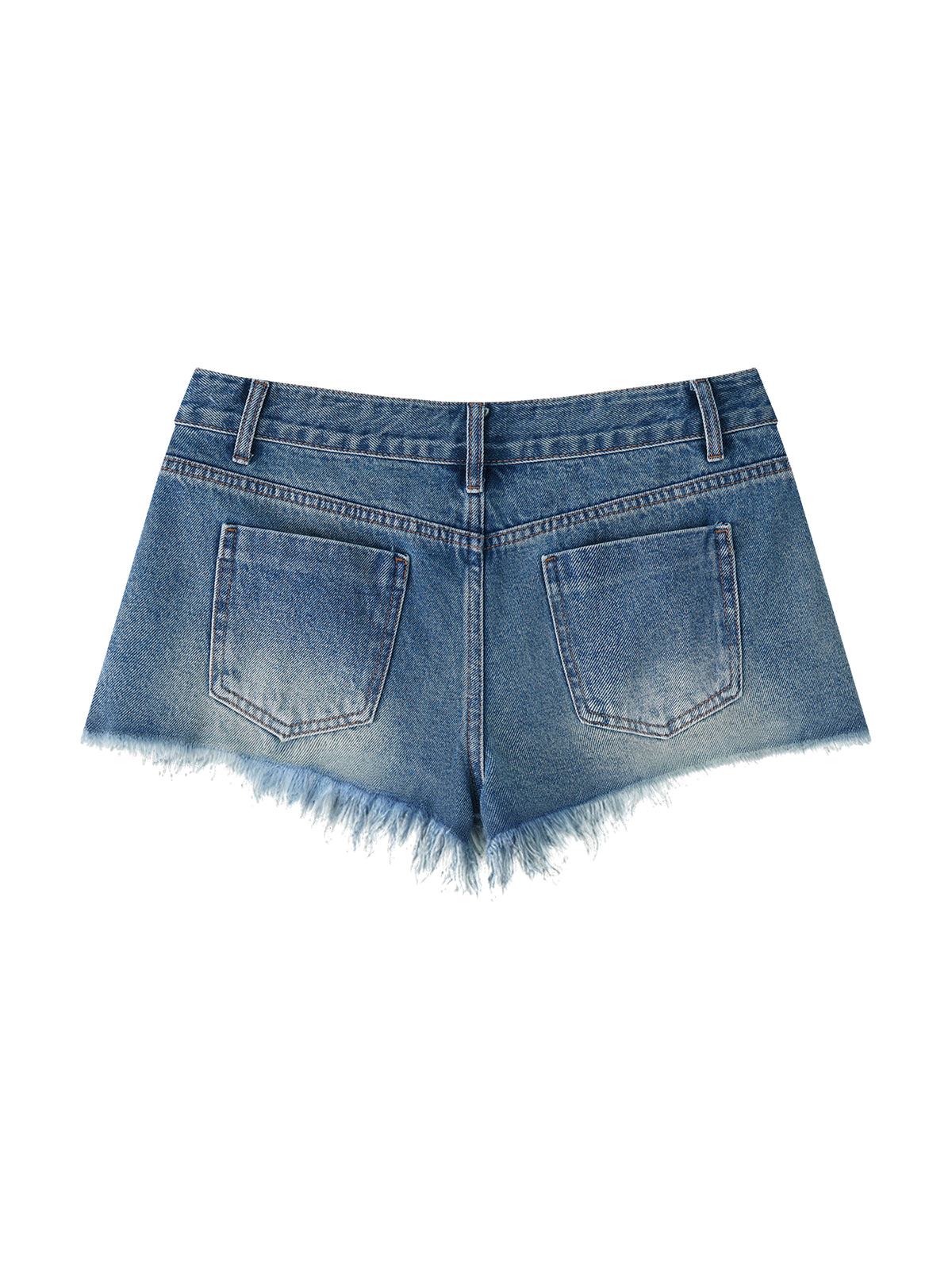 Blue denim shorts with frayed hem on a white background