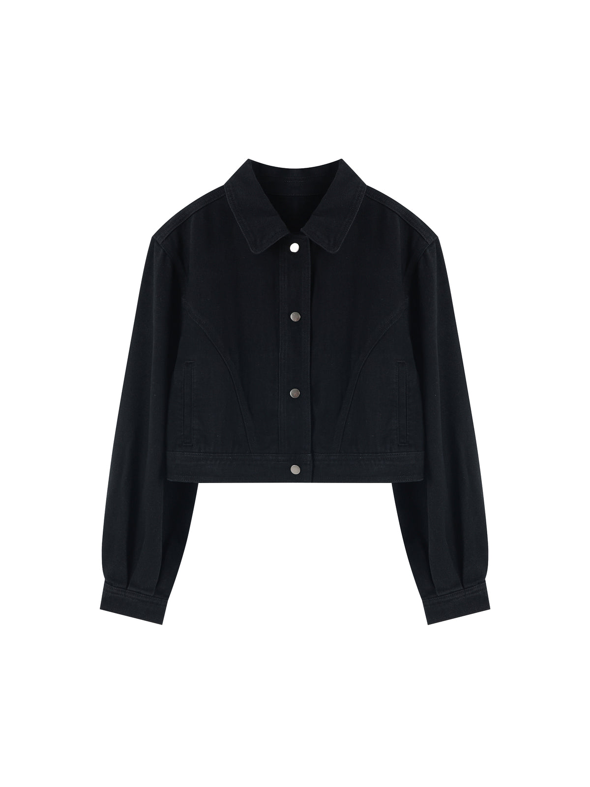A black cropped jacket with a pointed collar, button front, and long sleeves, shown on a plain white background.
