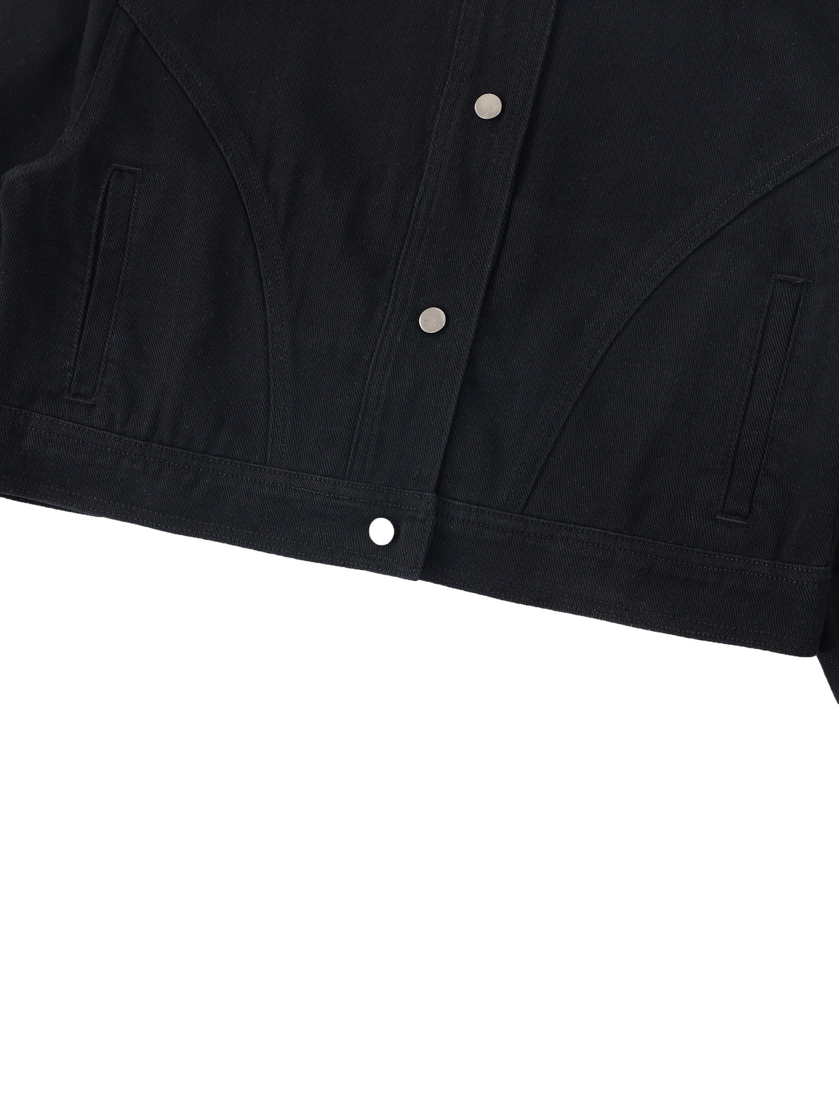 Close-up of a black jacket or overshirt showing the front button placket and side pockets on a white background.