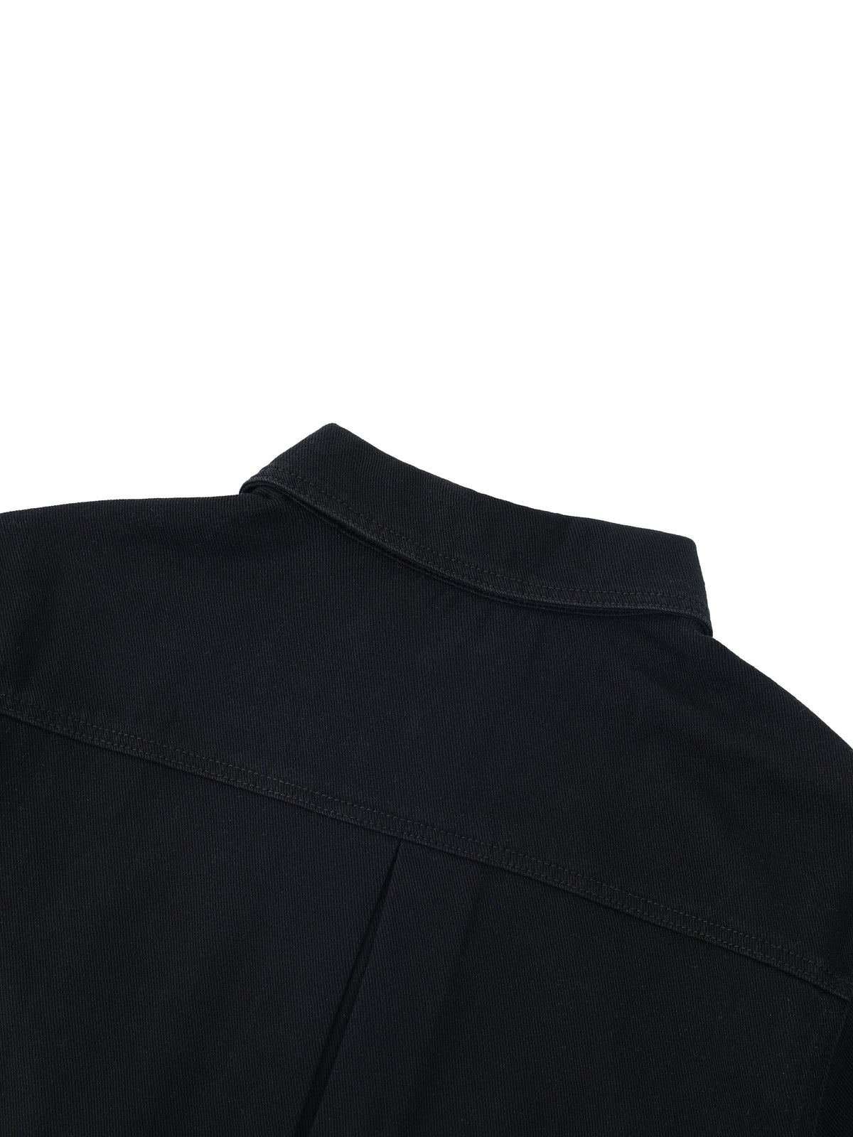 Close-up of a black collared shirt or jacket showing the collar and upper chest area against a plain white background.