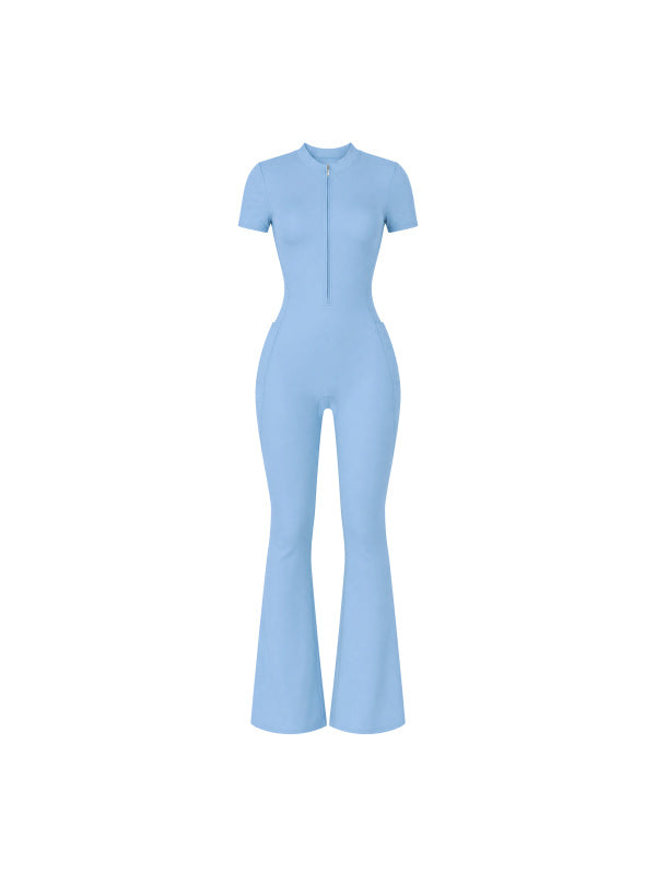 A light blue short-sleeve jumpsuit with a front zipper, fitted bodice, and flared legs, shown on a plain white background.