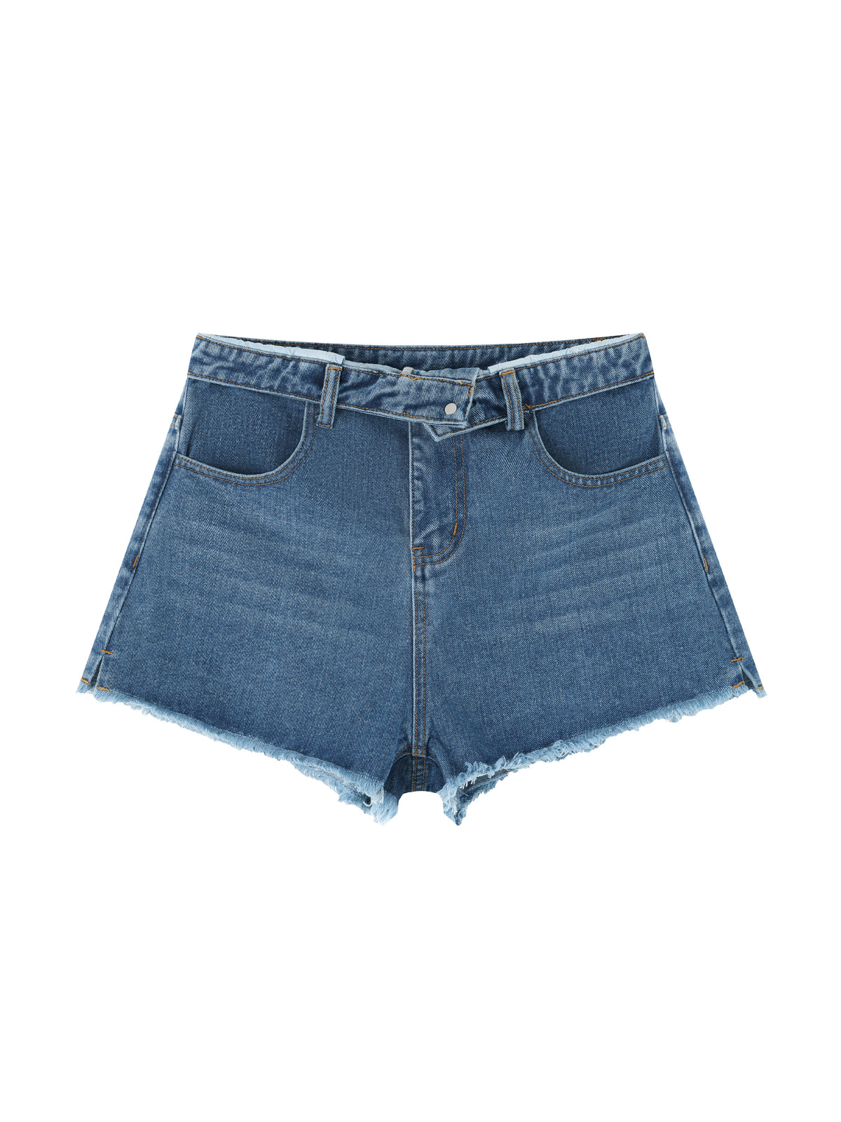 Blue denim shorts on a white background