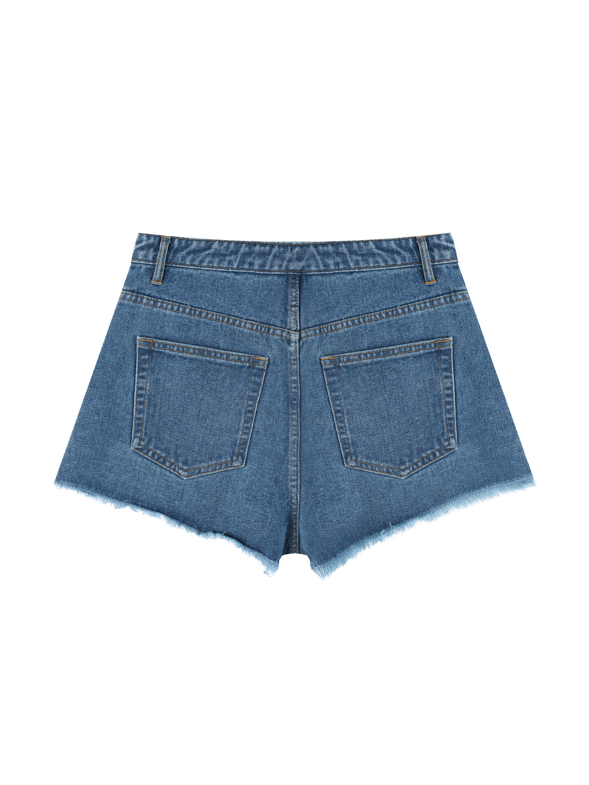 Blue denim shorts on a white background