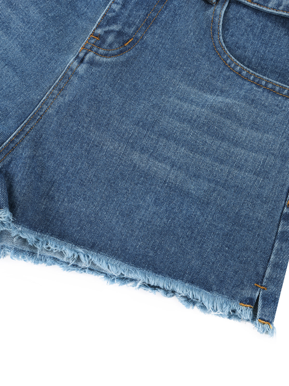 Close-up of blue denim shorts with frayed hem on a white background