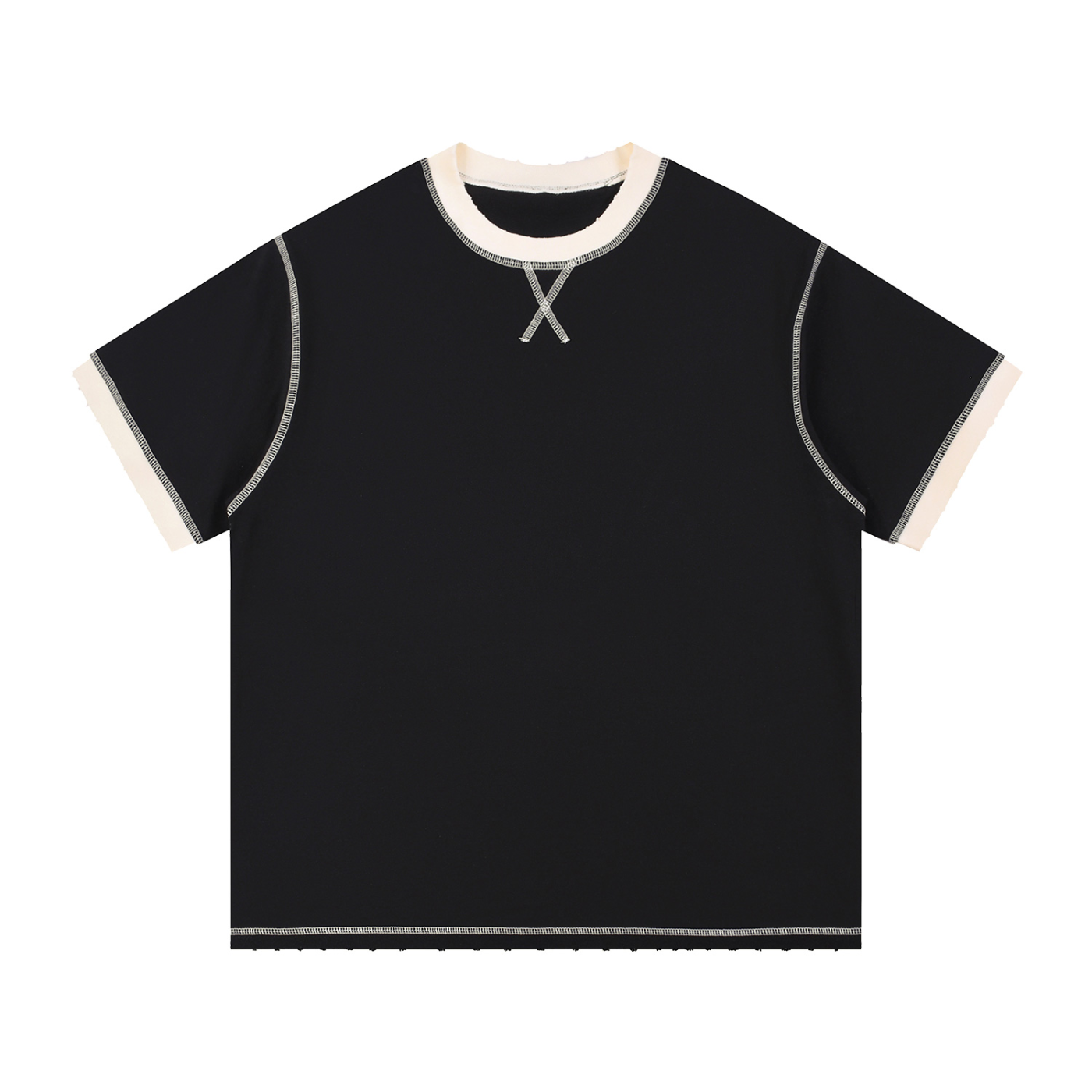 Contrast-Stitched Cotton T-Shirt - Black with Apricot