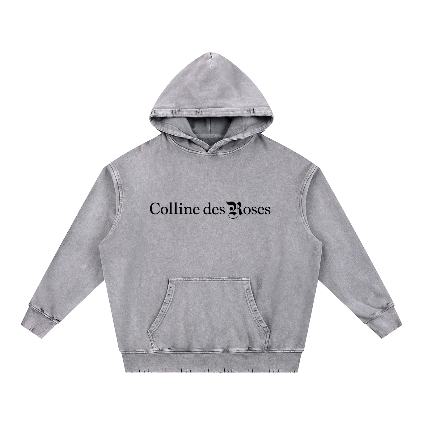 Snow Wash Hand-Frayed Heavyweight  Hoodie - Light Gray