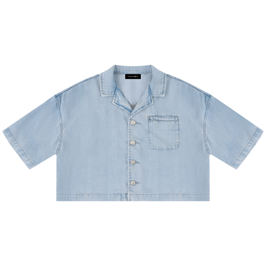 VINTAGE WASH BOXY CROPPED SHIRT - LIGHT BLUE