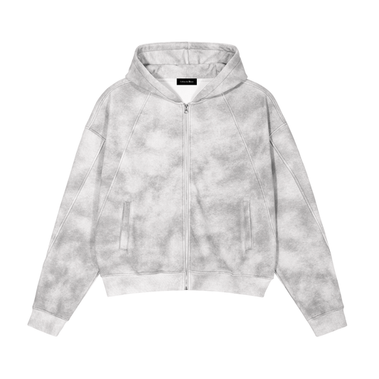 DIRTY WASHED ZIP-UP FLEECE HOODIE - FLOWER GRAY