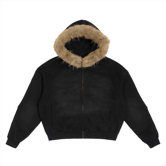 SUNFADE BOXY DETACHABLE FUR HOODIE - BLACK