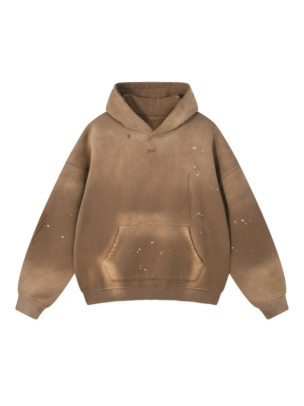 VINTAGE WASHED FRAYED FLEECE HOODIE - BROWN