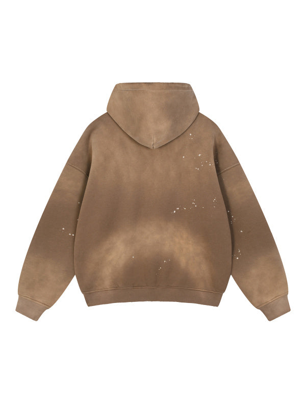 VINTAGE WASHED FRAYED FLEECE HOODIE - BROWN
