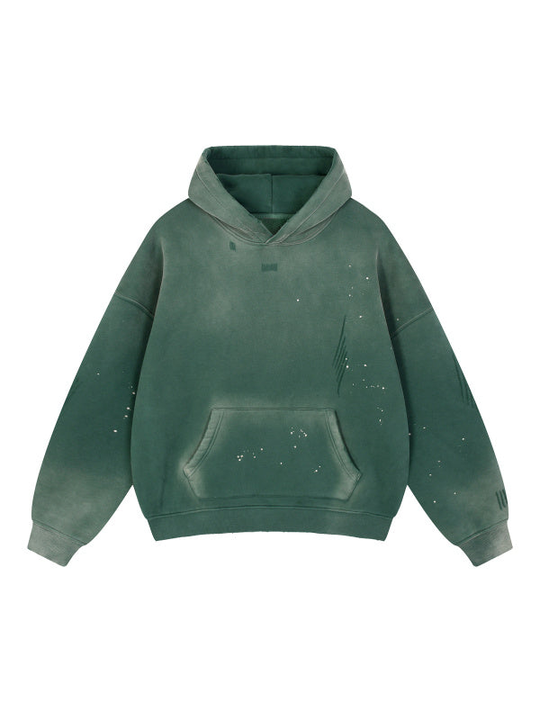 VINTAGE WASHED FRAYED FLEECE HOODIE - RETRO GREEN