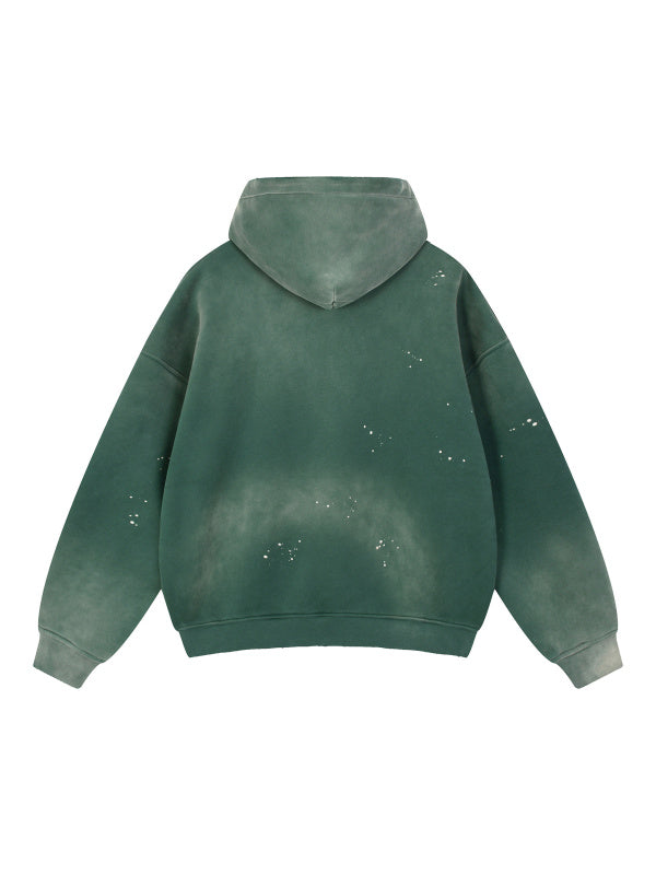 VINTAGE WASHED FRAYED FLEECE HOODIE - RETRO GREEN
