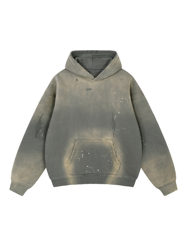 VINTAGE WASHED FRAYED FLEECE HOODIE - MEDIUM GRAY