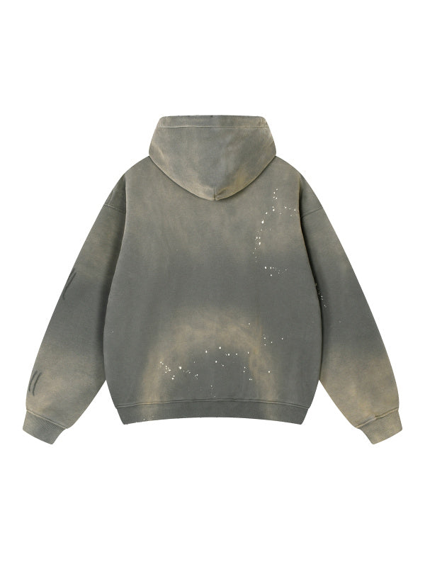 VINTAGE WASHED FRAYED FLEECE HOODIE - MEDIUM GRAY