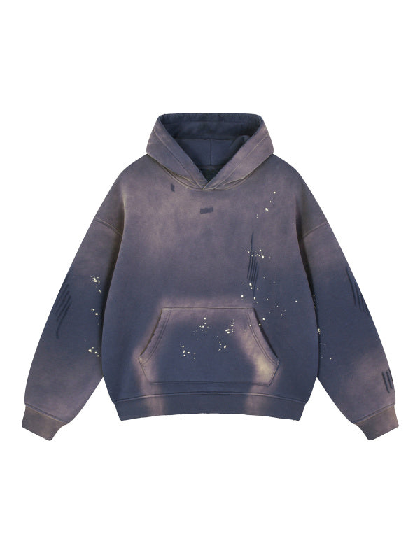 VINTAGE WASHED FRAYED FLEECE HOODIE - NAVY BLUE