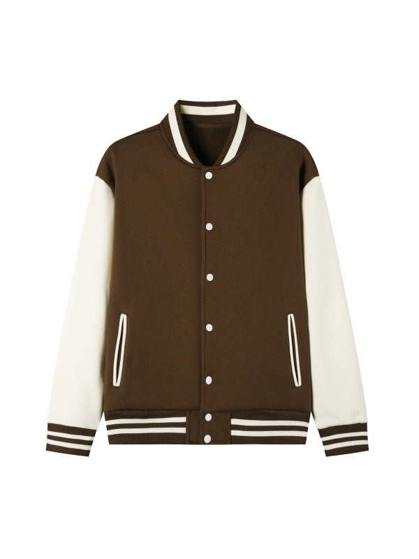 TWO-TONE FLEECED VARSITY JACKET - COFFEE WITH WHITE