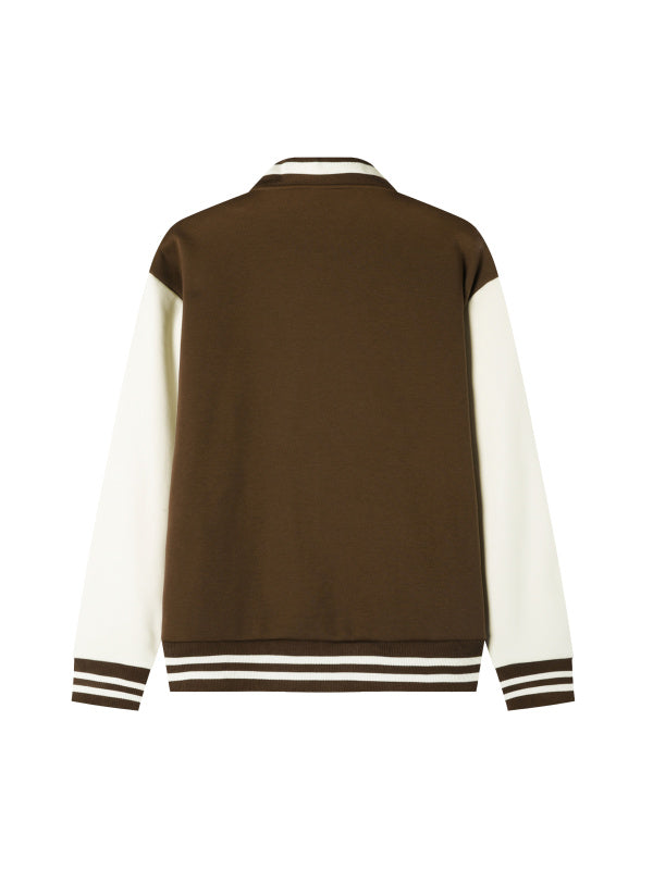 TWO-TONE FLEECED VARSITY JACKET - COFFEE WITH WHITE