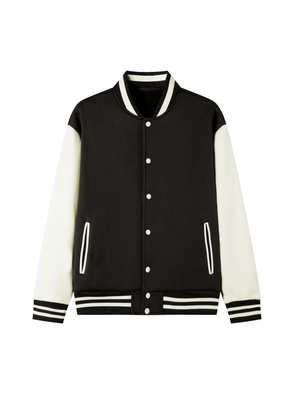 TWO-TONE FLEECED VARSITY JACKET - BLACK WITH WHITE
