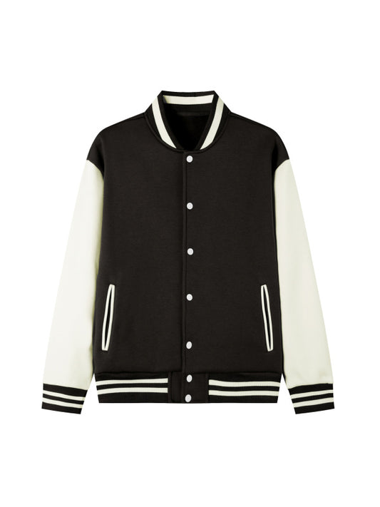 TWO-TONE FLEECED VARSITY JACKET - BLACK WITH WHITE