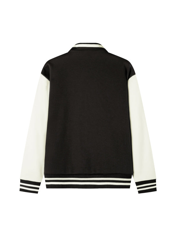 TWO-TONE FLEECED VARSITY JACKET - BLACK WITH WHITE