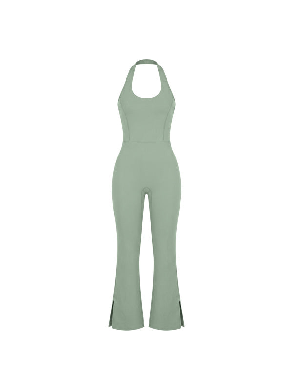 HALTER FLARED JUMPSUIT - GRAY GREEN