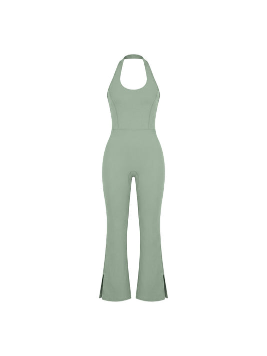 HALTER FLARED JUMPSUIT - GRAY GREEN