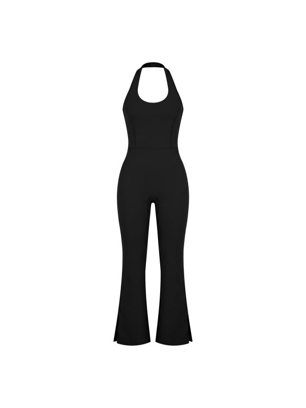 HALTER FLARED JUMPSUIT - BLACK