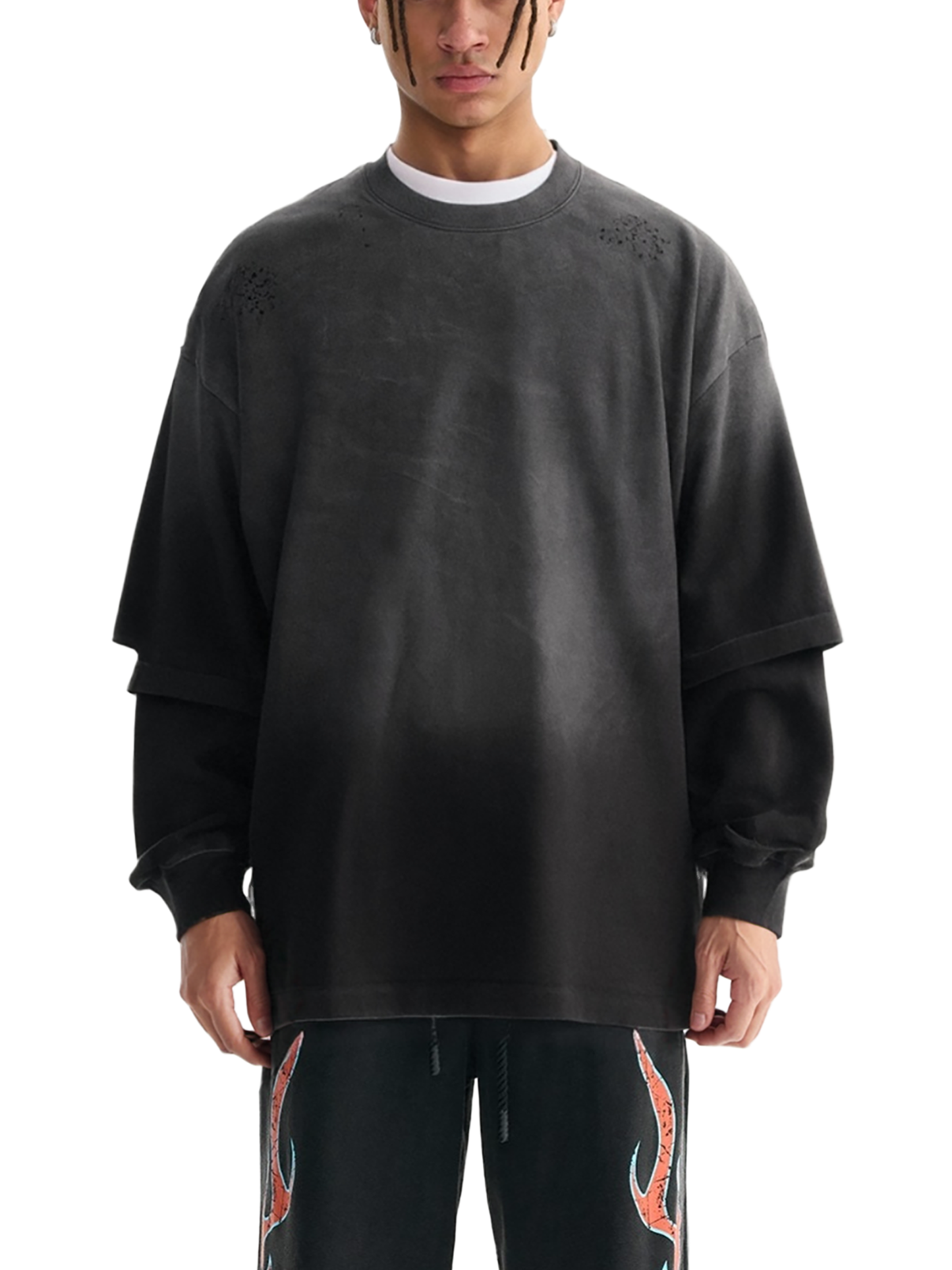 SUNFADE HAND-FRAYED FAUX TWO-PIECE T-SHIRT - BLACK