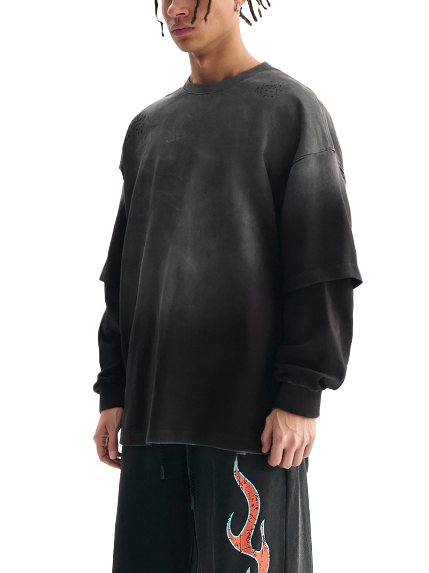 SUNFADE HAND-FRAYED FAUX TWO-PIECE T-SHIRT - BLACK