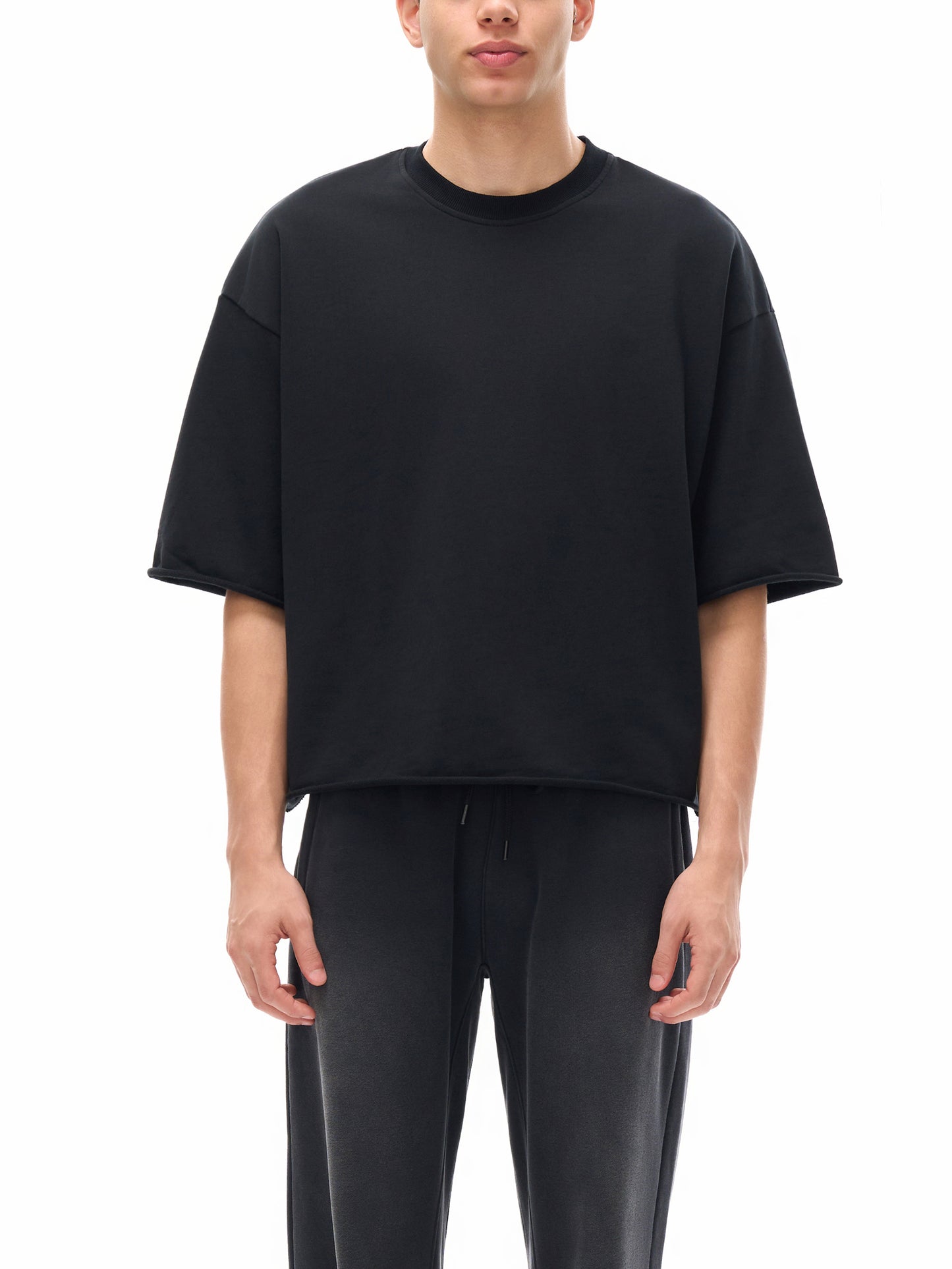 FRENCH TERRY RAW EDGE T-SHIRT - BLACK