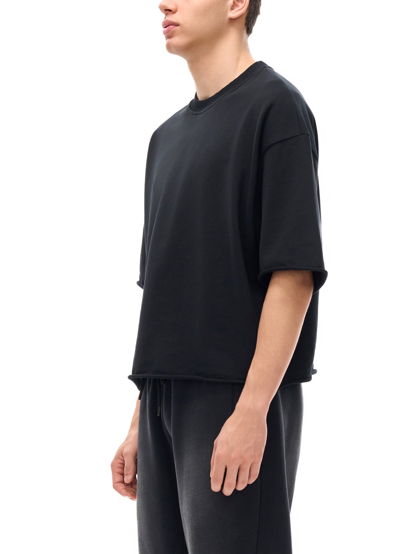 FRENCH TERRY RAW EDGE T-SHIRT - BLACK