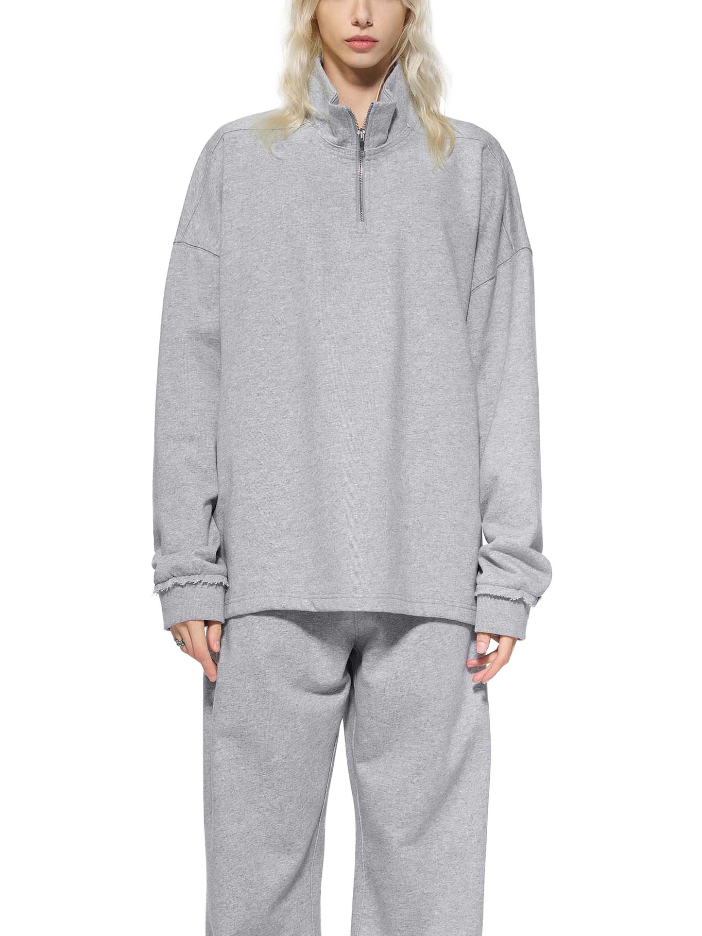 HALF-ZIP ROLLED EDGE FLEECE SWEATSHIRT - FLOWER GRAY