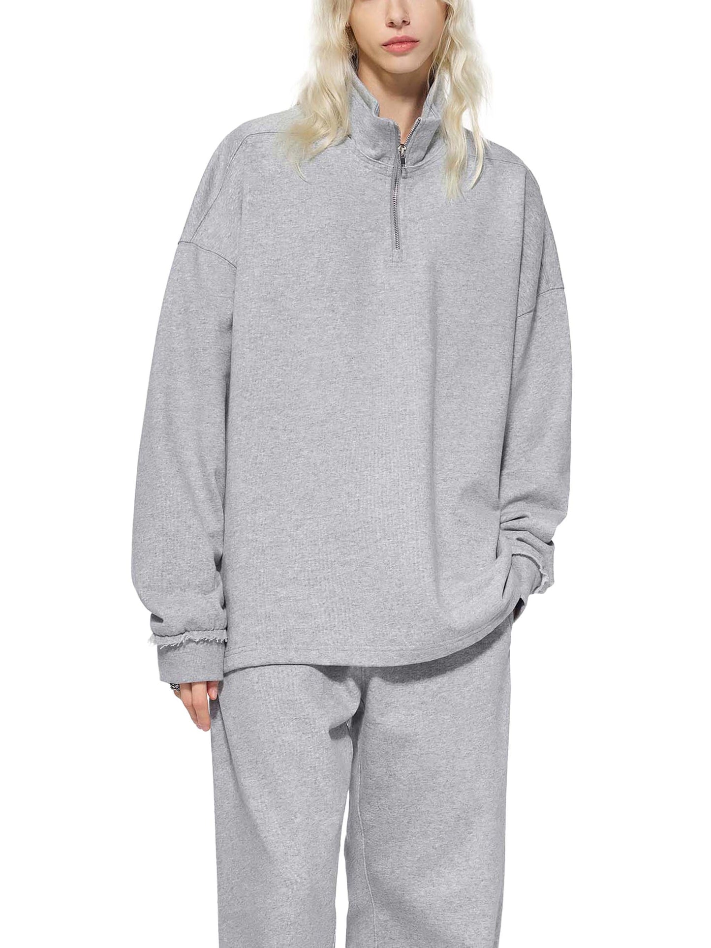 HALF-ZIP ROLLED EDGE FLEECE SWEATSHIRT - FLOWER GRAY