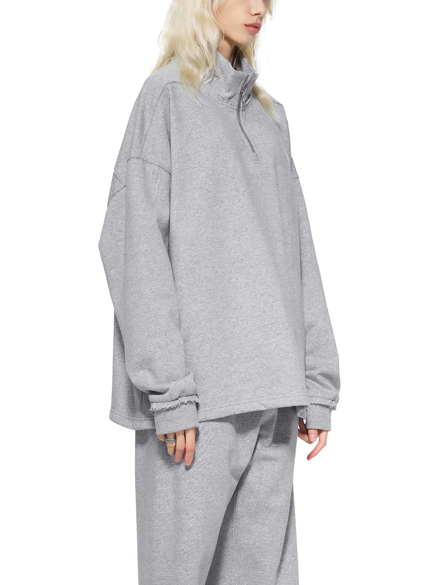 HALF-ZIP ROLLED EDGE FLEECE SWEATSHIRT - FLOWER GRAY