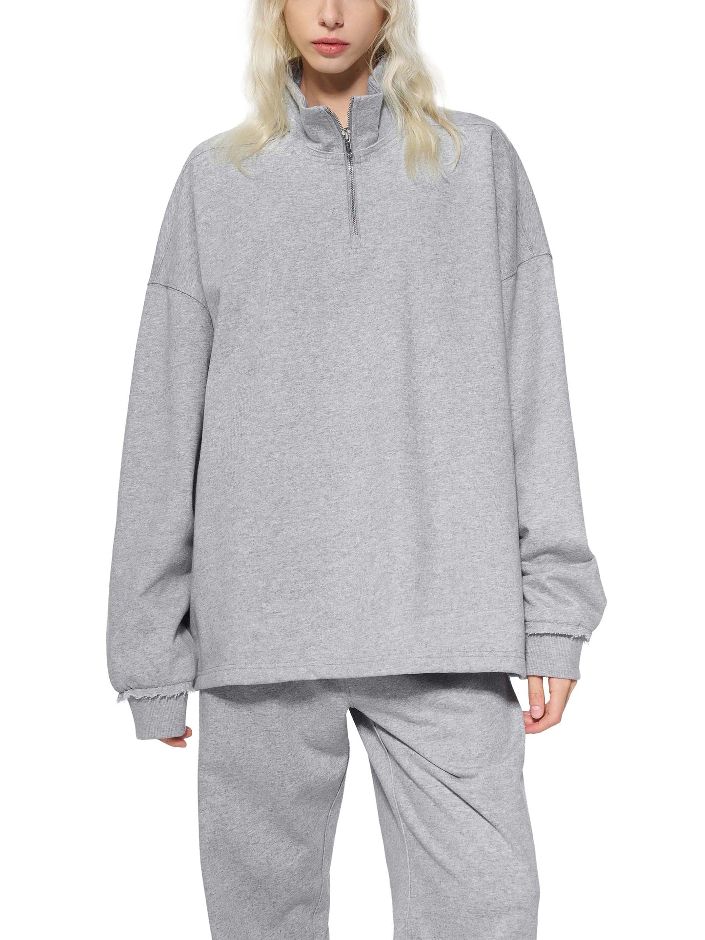 HALF-ZIP ROLLED EDGE FLEECE SWEATSHIRT - FLOWER GRAY