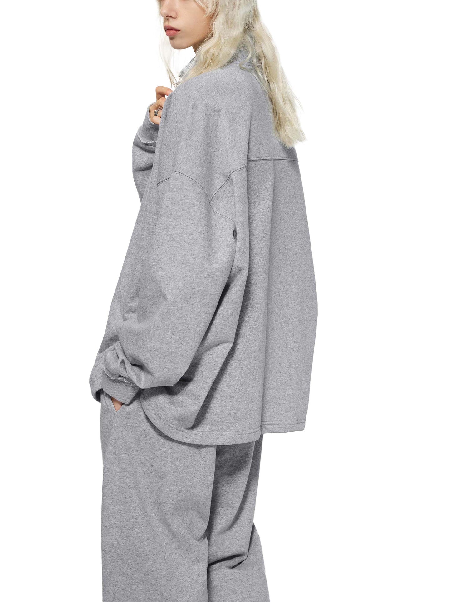 HALF-ZIP ROLLED EDGE FLEECE SWEATSHIRT - FLOWER GRAY