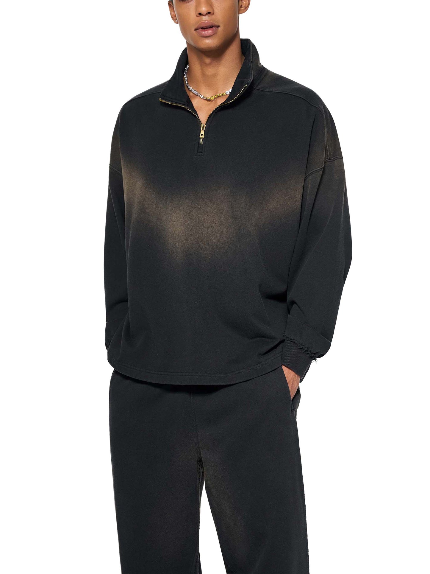 SUNFADE RAW EDGE QUARTER-ZIP SWEATSHIRT - BLACK