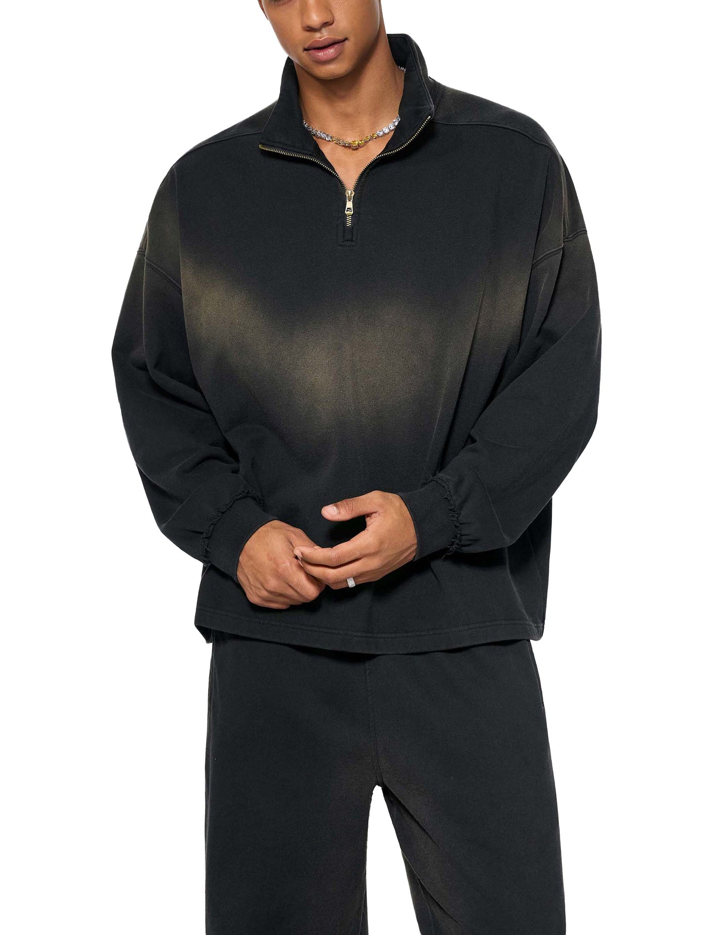 SUNFADE RAW EDGE QUARTER-ZIP SWEATSHIRT - BLACK