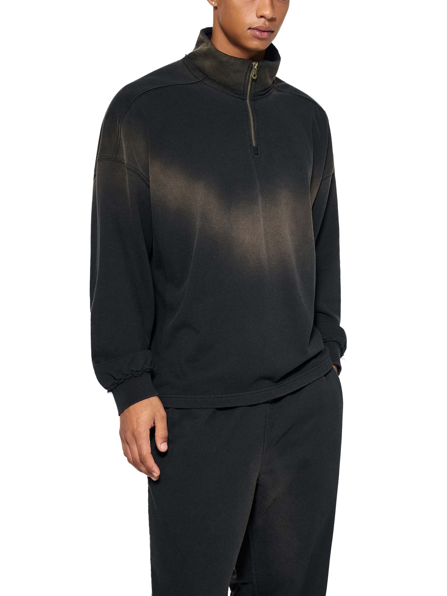 SUNFADE RAW EDGE QUARTER-ZIP SWEATSHIRT - BLACK