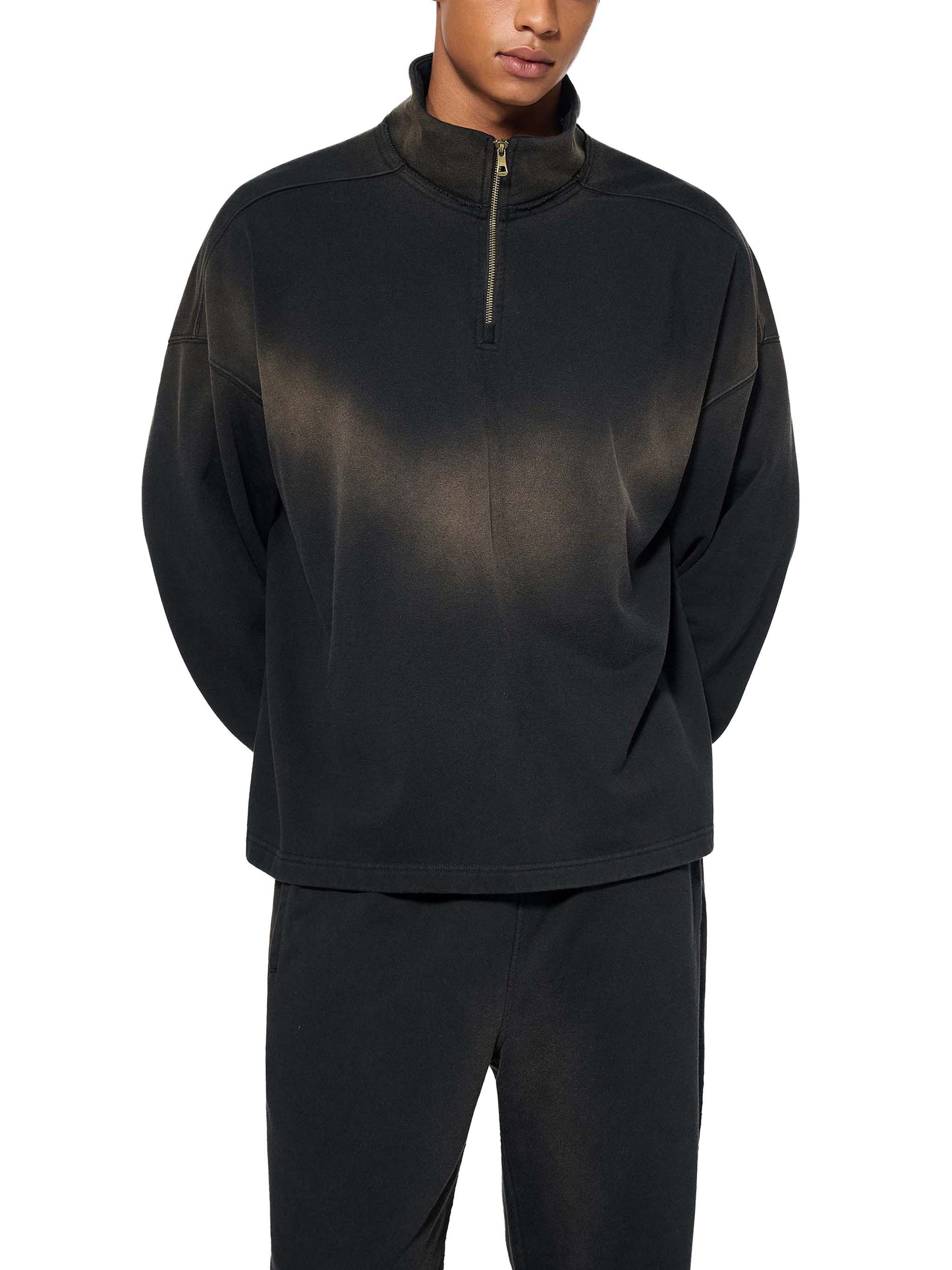SUNFADE RAW EDGE QUARTER-ZIP SWEATSHIRT - BLACK