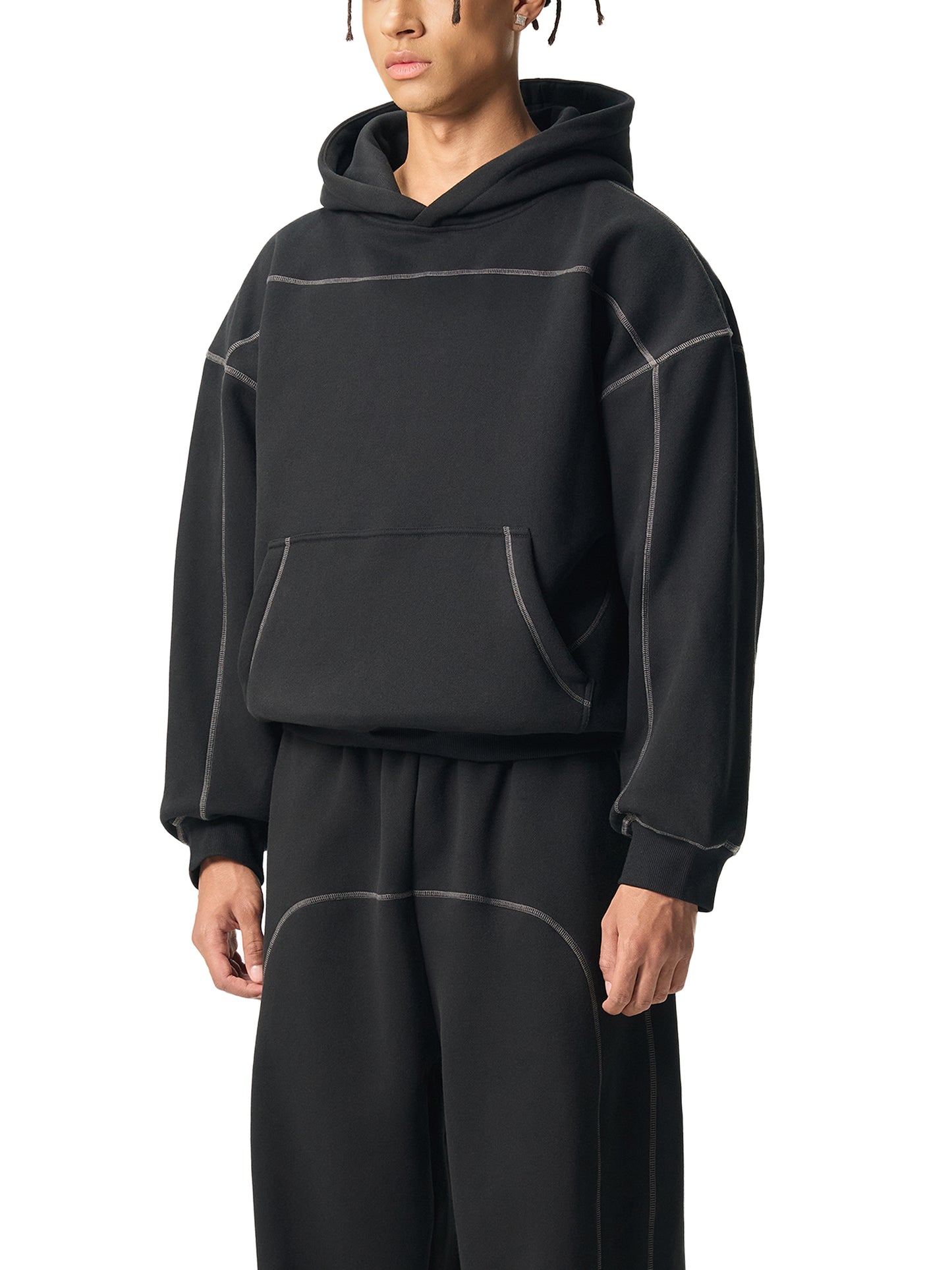 CONTRAST-STITCHED BOXY FLEECE HOODIE - FLOWER GRAY