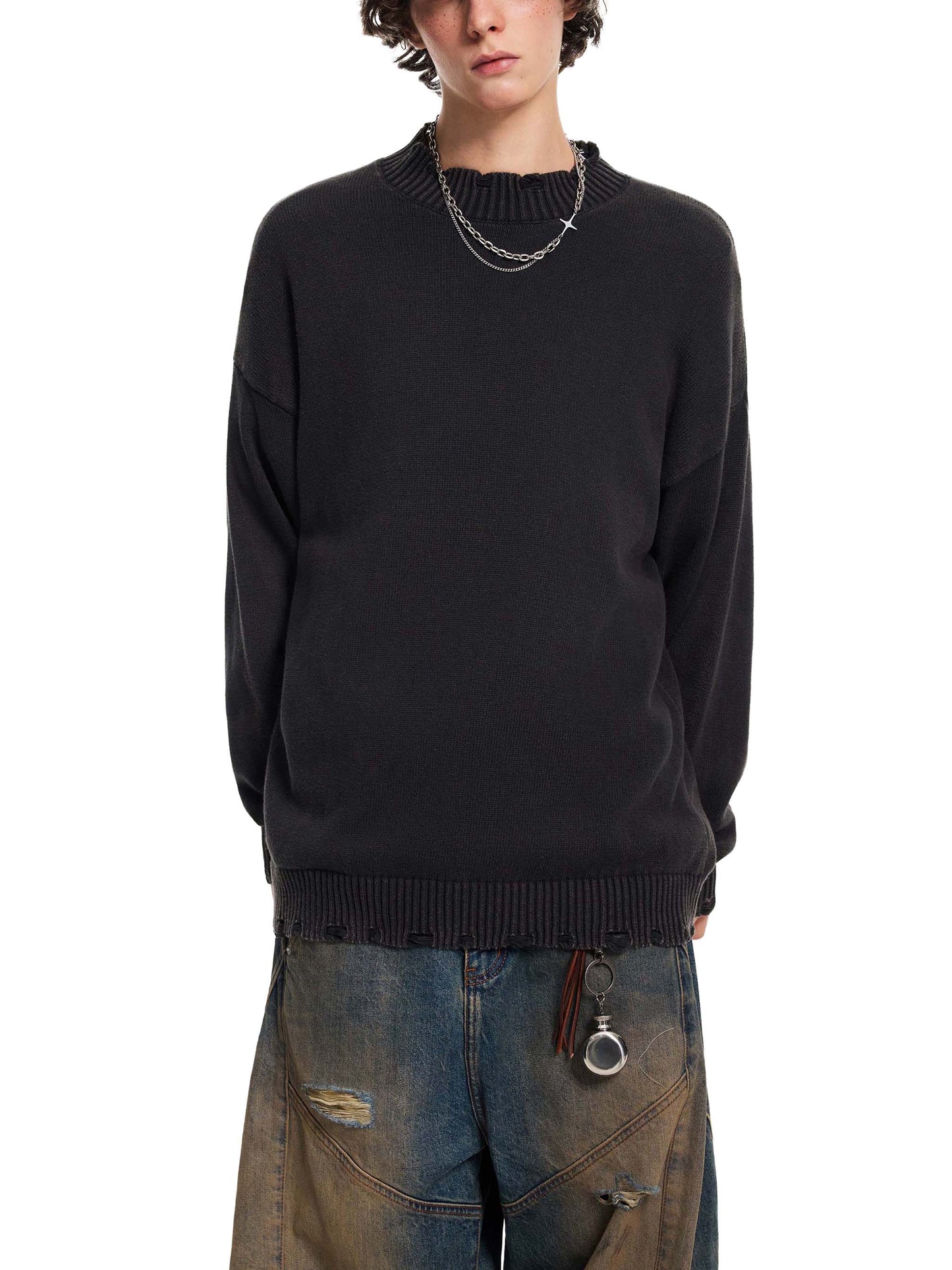 VINTAGE WASHED HAND-FRAYED SWEATER - GRAY