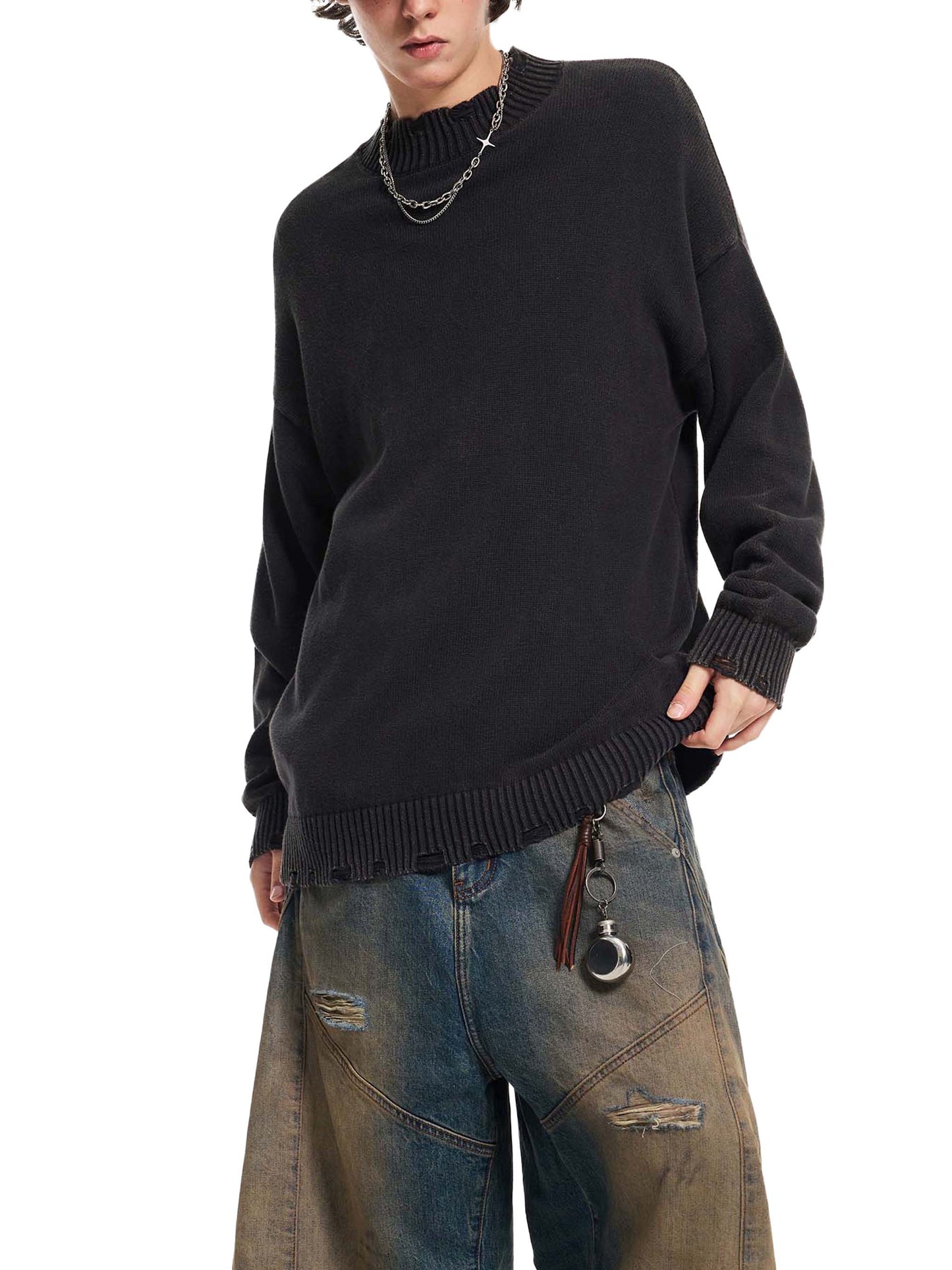 VINTAGE WASHED HAND-FRAYED SWEATER - GRAY