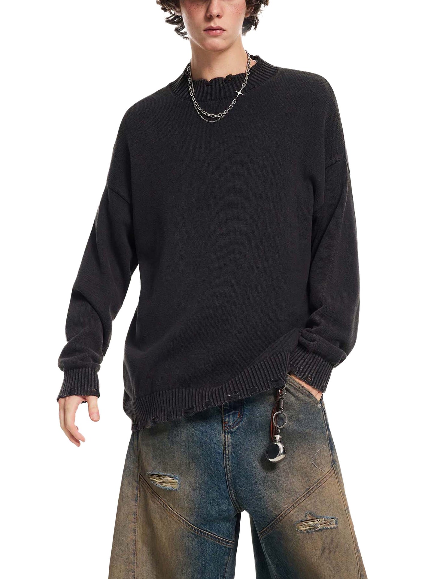 VINTAGE WASHED HAND-FRAYED SWEATER - GRAY