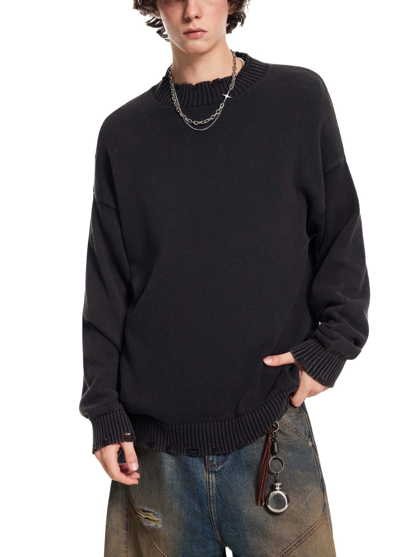 VINTAGE WASHED HAND-FRAYED SWEATER - GRAY