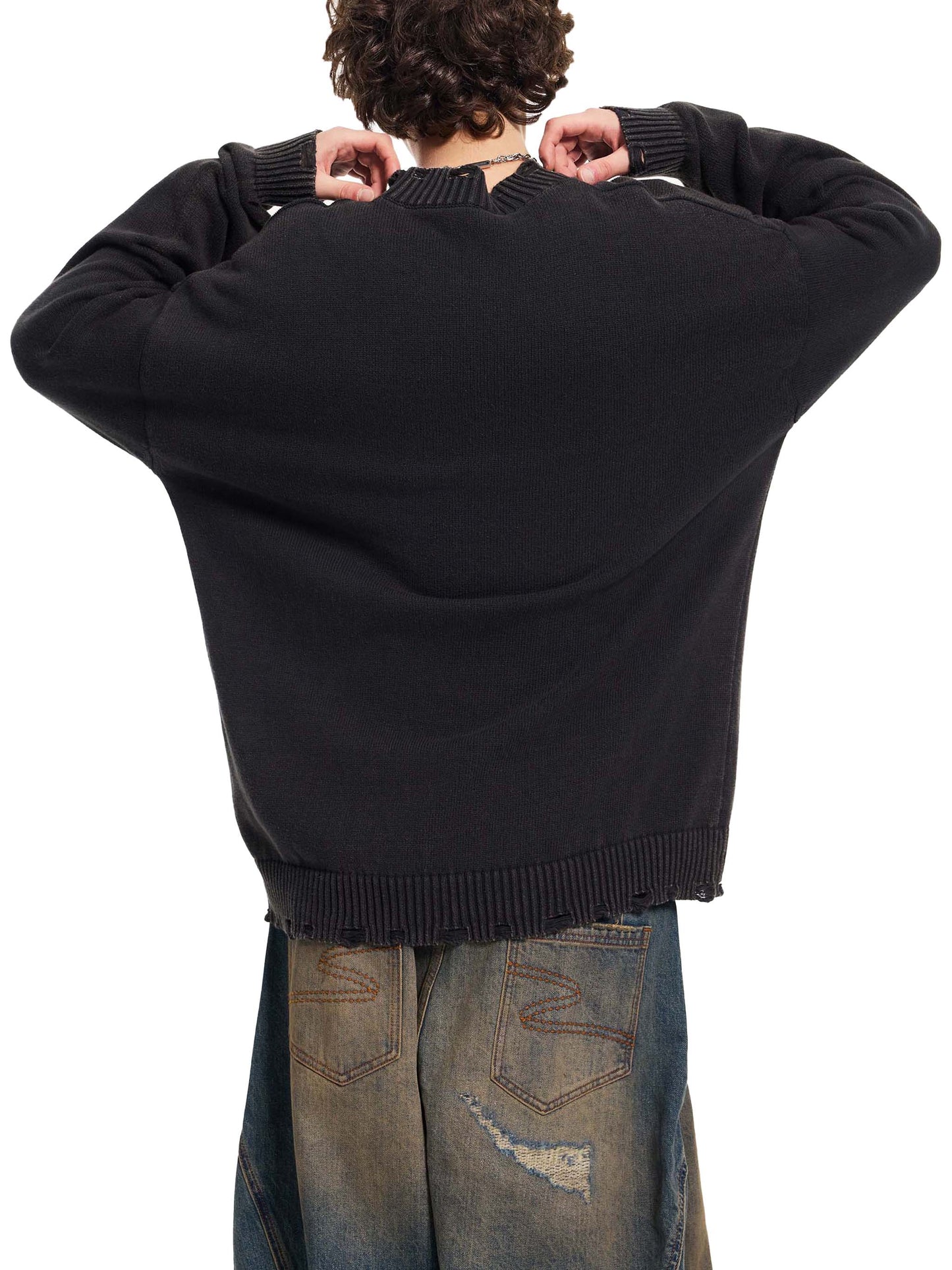 VINTAGE WASHED HAND-FRAYED SWEATER - GRAY