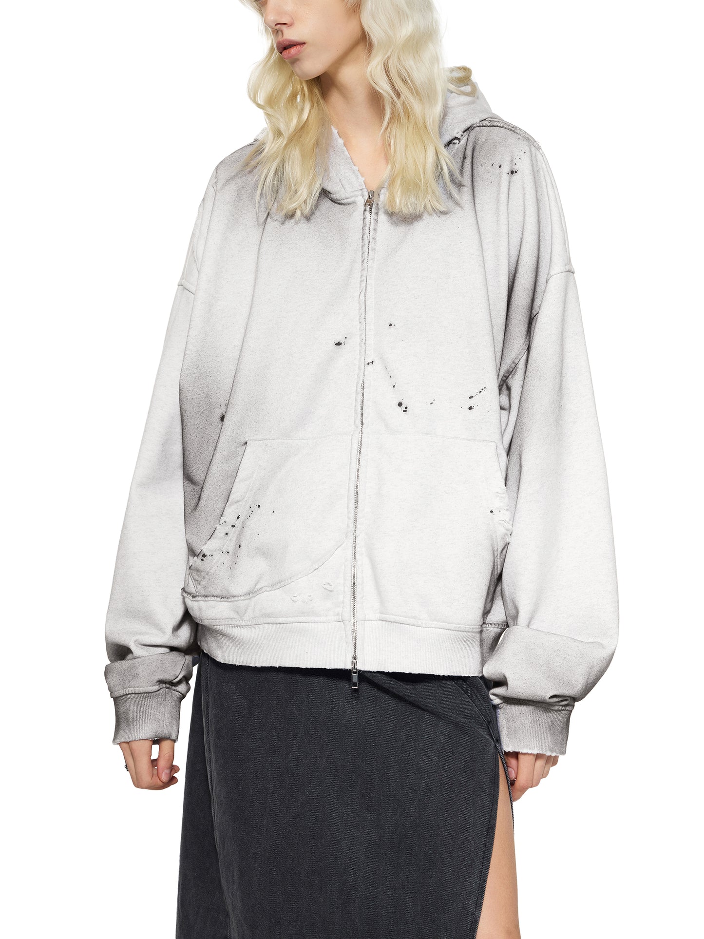 SUNFADE FRAYED RAW EDGE FLEECE ZIP HOODIE - GRAY BLUE